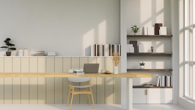 Minimal and comfortable white working room interior with copy space on wood working table