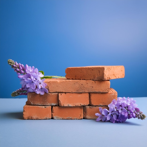 Minimal Composition of Brick Podium and Purple Flowers on Blue Background