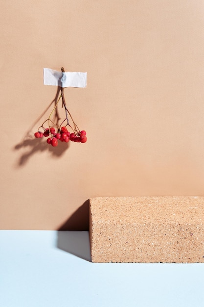 Minimal composition of brick podium and rowan berries Template mockup podium for products and accessories Front view