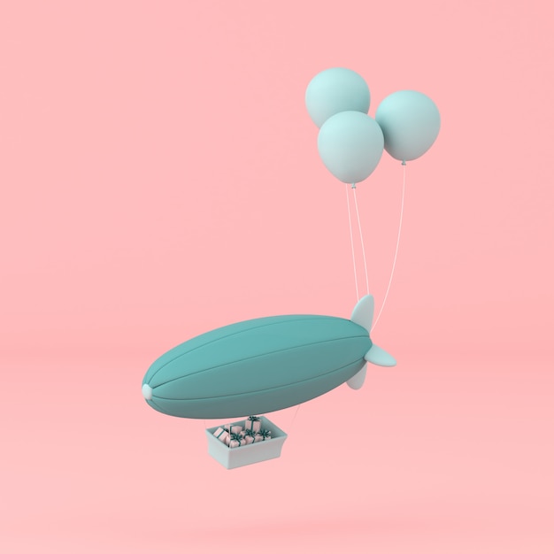 minimal concept of balloons and airship with present in the basket on pastel wall. 3D rendering.