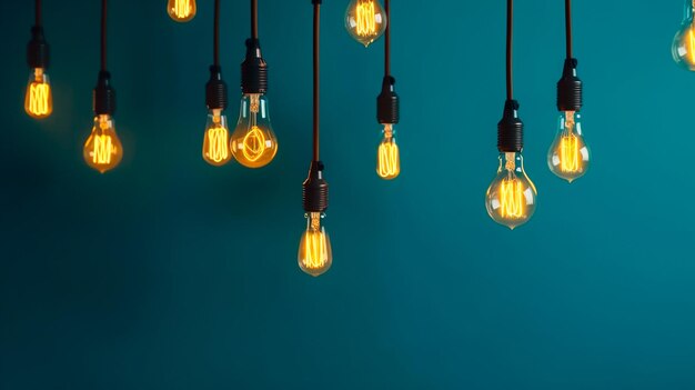 Minimal concept idea flat lay top view of yellow light bulbs hanging against a blue background and each glowing with a unique theme Generative AI