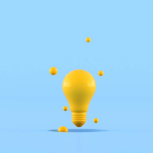 Minimal concept idea of yellow light bulb surround with small ball on blue background. 3D rendering.