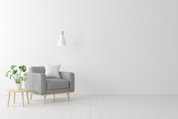 Minimal concept. interior of living grey fabric armchair, wooden table on wooden floor and white wall.