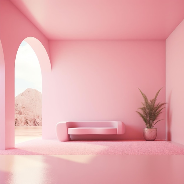 Minimal concept interior of living pink tone on pink floor and background