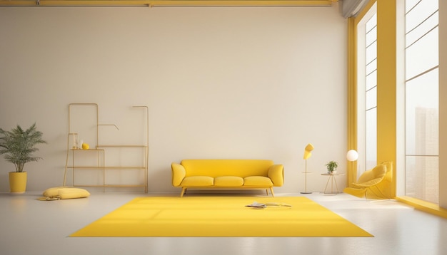 Minimal concept interior of living yellow tone on yellow floor and background