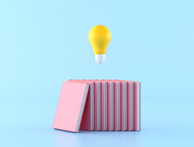 Minimal concept of knowledge by using yellow light bulb floating over  pink books