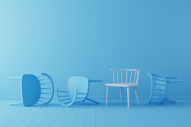 Minimal concept. outstanding white chair with falling blue chair on blue floor and background.