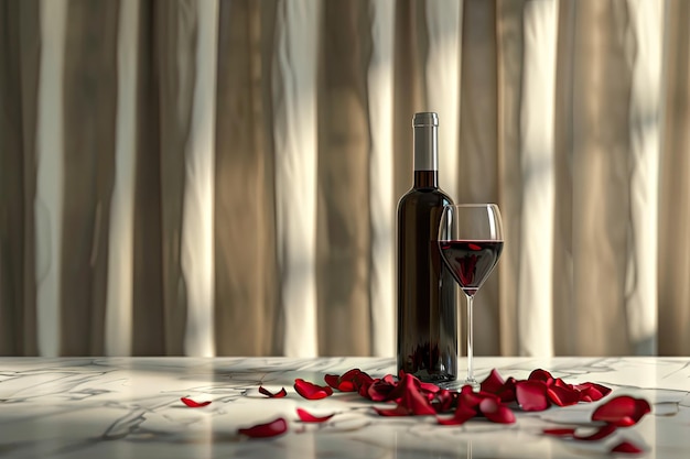 Photo minimal concept with wine bottle glass and red rose petals on marble table beige curtain background