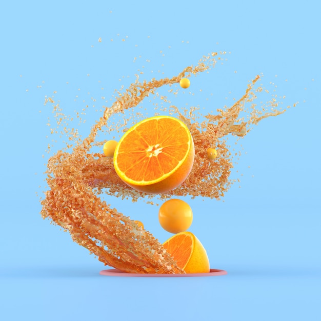 Minimal conceptual idea of sliced oranges and small yellow sphere floating out from hole surround with splash orange juice on blue wall. 3D rendering.