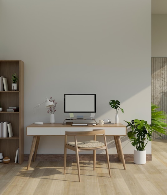 Minimal contemporary home workspace with PC computer mockup on table white wall