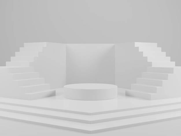 Minimal cylindrical product presentation display podium with stairway on white background 3D rendering illustration