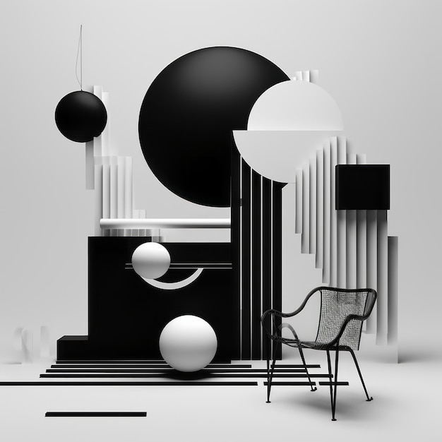 Photo minimal dada abstract sculptures chairs and spheres in blackandwhite graphic style