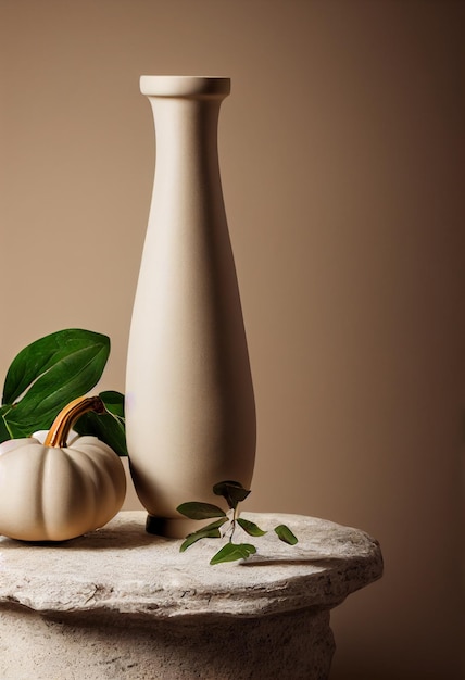 Minimal design decoration of clay vasewhite candlepampas grass on natural stone podium copy space