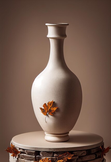 Minimal design decoration of clay vasewhite candlepampas grass on natural stone podium copy space