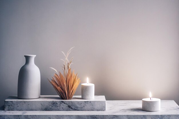 Minimal design decoration of clay vasewhite candlepampas grass on natural stone podium copy space