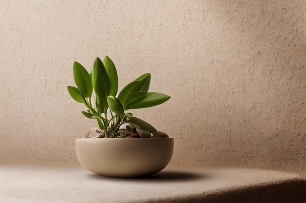 Minimal design decoration of clay vasewhite candlepampas grass on natural stone podium copy space