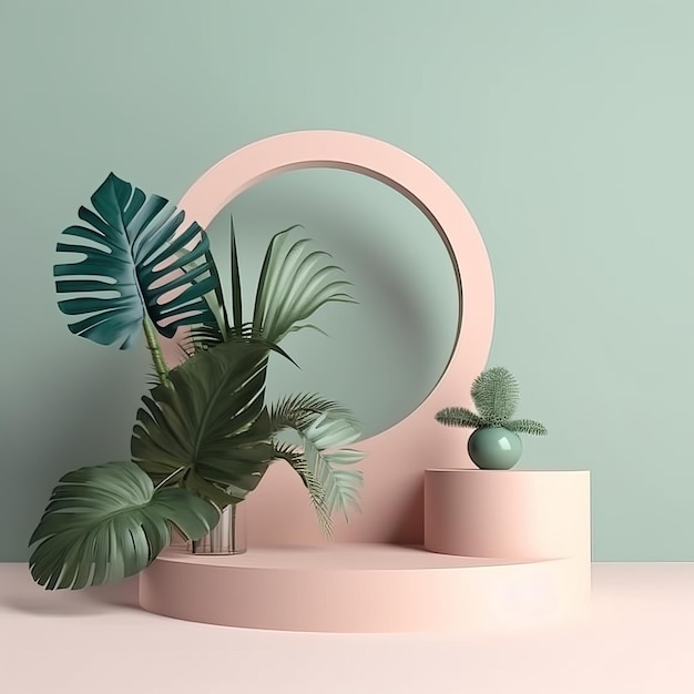 Minimal Display Podium with Tropical Plants and Flowers Product Showcase