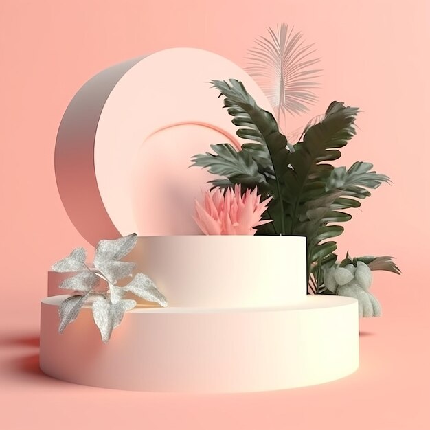 Minimal Display Podium with Tropical Plants and Flowers Product Showcase