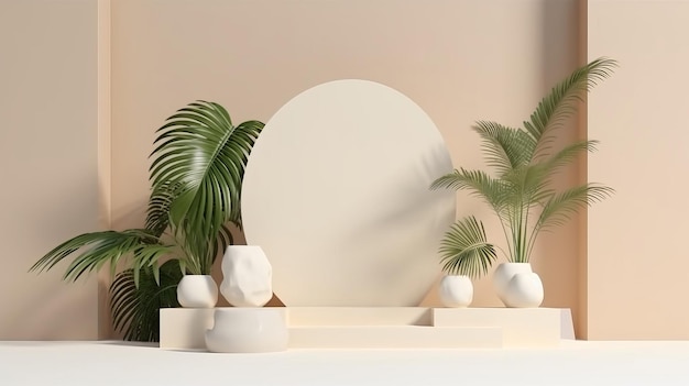 Minimal Display Podium with Tropical Plants and Flowers Product Showcase