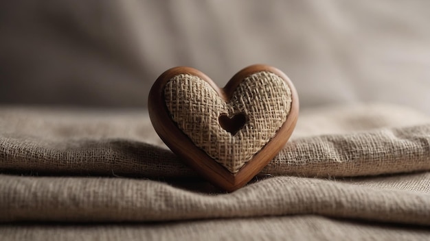 Minimal Eco Valentines day natural textures concept Wooden heart on the linen fabric background