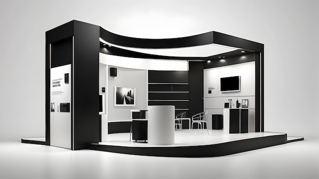 Minimal exhibition booth with black theme on white background Exhibition mockup template