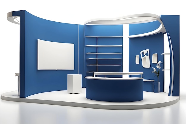 Minimal exhibition booth with blue theme on white background Exhibition mockup template