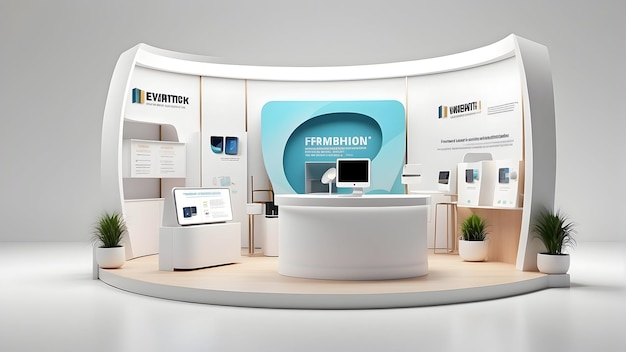 Minimal exhibition booth with tech theme on white background