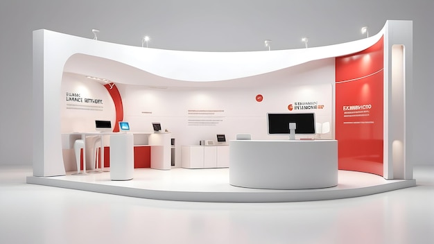 Minimal exhibition booth with tech theme on white background