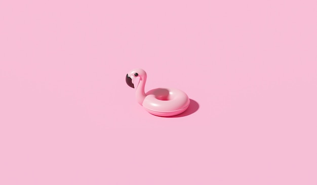 Minimal flamingo inflatable swimming pool ring and summer season on pink background with tropical holiday concept. 3D rendering.