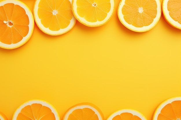 Minimal flat lay style banner with fresh orange slices on a yellow background creating a fruity patt