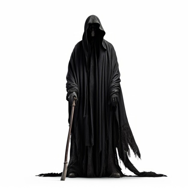 Photo minimal grim reaper figure with sword and scythe on white background