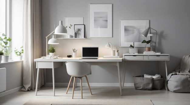 Minimal home office desk setup with grey neutral colors