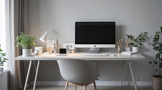 Minimal home office desk setup with grey neutral colors