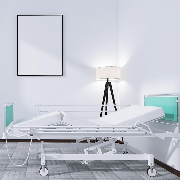 Minimal hospital room with patient bed photo frame mockup floor lamp white wall wood floor