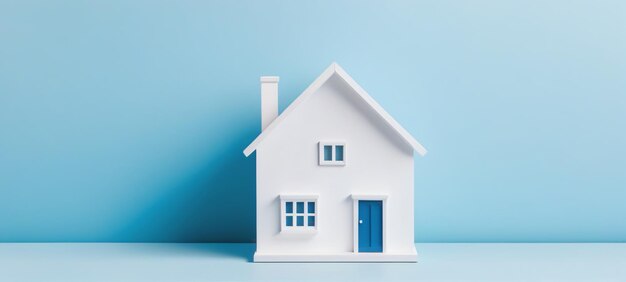 Minimal house model isolated on pastel blue background Real estate and property concept Banner