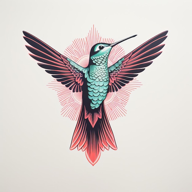 Photo minimal hummingbird tattoo light red and dark cyan silkscreen illustration