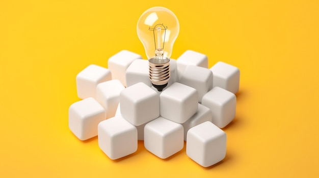 minimal idea of yellow light bulb on cube