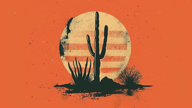 Photo a minimal illustration of a cactus in a desert landscape with a setting sun in the background