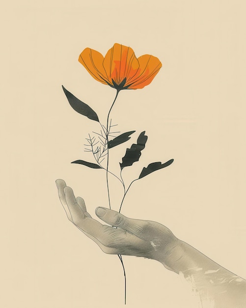 Photo a minimal illustration featuring a hand gently cradling a delicate flower