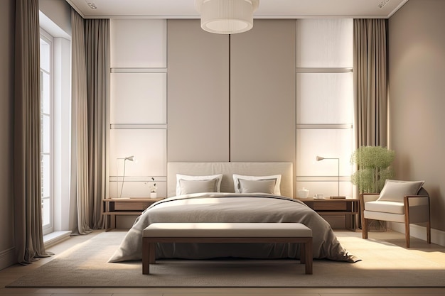 Minimal interior design bedroom with beige cozy tone style decorate with wooden bed Generative Ai