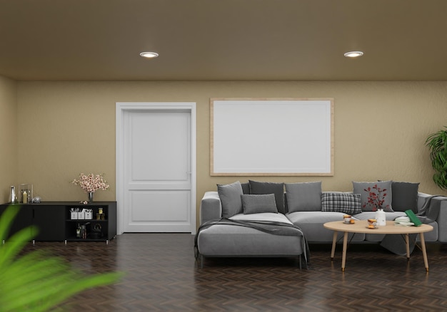 Minimal interior style poster Mock up the living room wall copy space 3D rendering