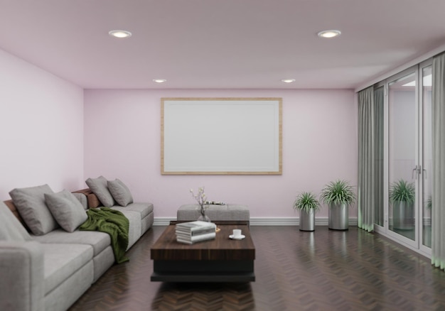 Minimal interior style poster Mock up the living room wall copy space 3D rendering