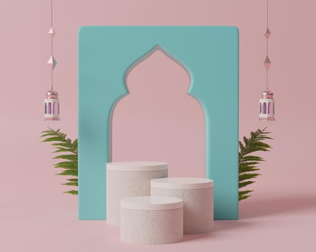 Photo minimal islamic display podium 3d background with pastel color, lantern, crescent, gift box, ramadan