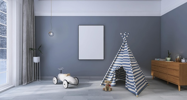 Minimal kids room interior design scene with tent blank poster frame mockup toy car teddy bear