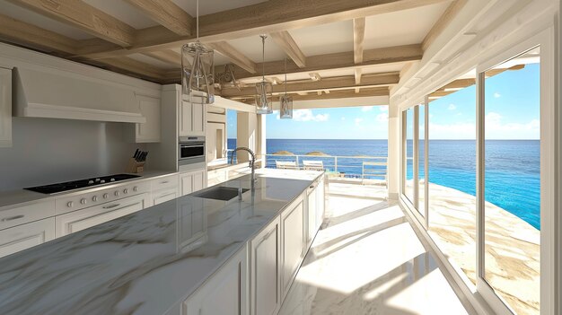 Photo minimal kitchen concept with ocean view modern white interior design spacious and bright with natural light