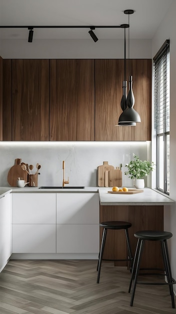 Minimal kitchen space with countertop on blurred wood and white material kitchen interior 3d render