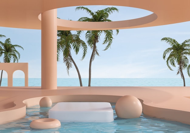 Minimal landscape Scene Summer beach scene background with white pedestal, podium display platform, 3d rendering.