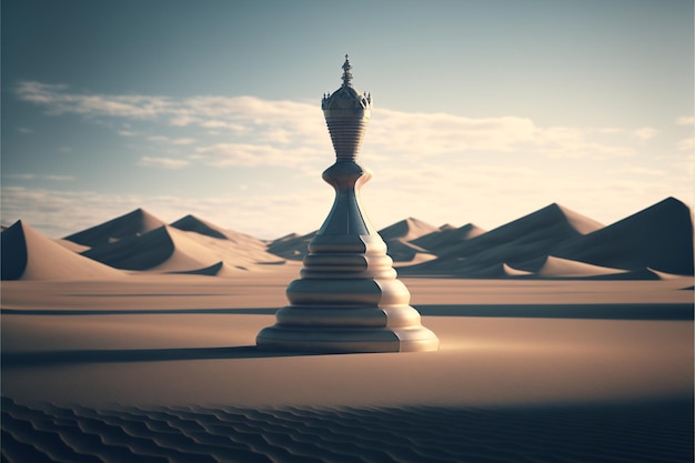 Minimal landscape of sky and symmetrical sand dunes with a lone giant chess piece front view