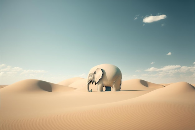 Minimal landscape of sky and symmetrical sand dunes with a lone lost elephant in the background