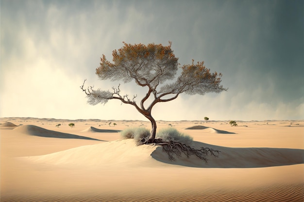 Minimal landscape of sky and symmetrical sand dunes with a lone tree